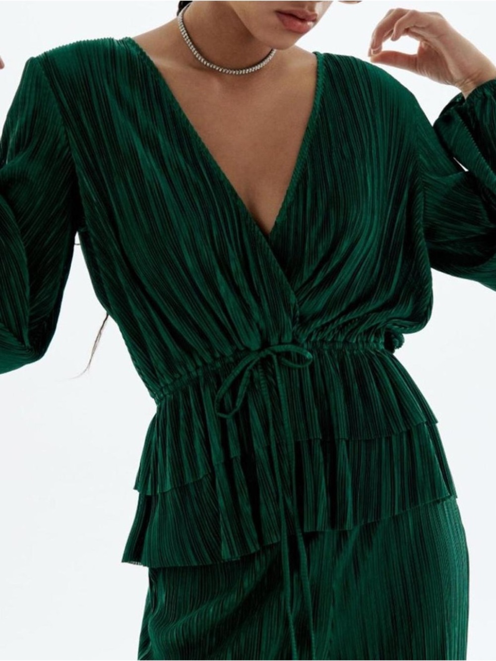 Zara Emerald Green Pleated Wrap Top with Tiered Peplum